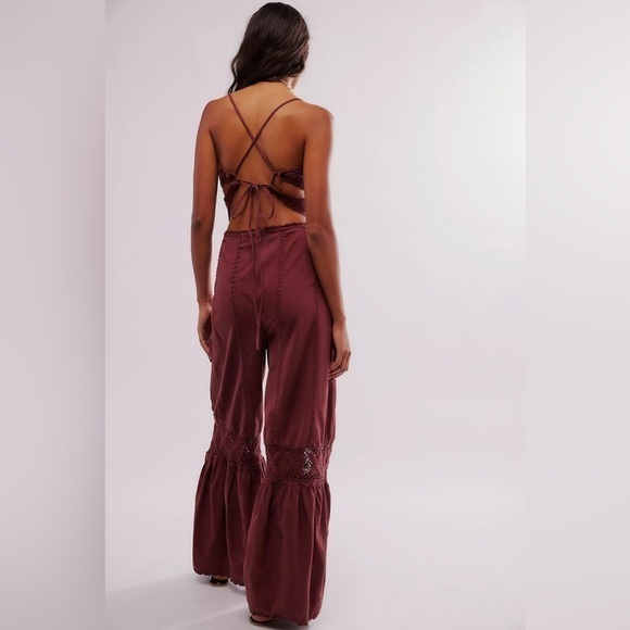 FREE PEOPLE “Freya Crochet One-Piece” brown womens boho 60’s vibe jumpsuit M nwt - Picture 10 of 16